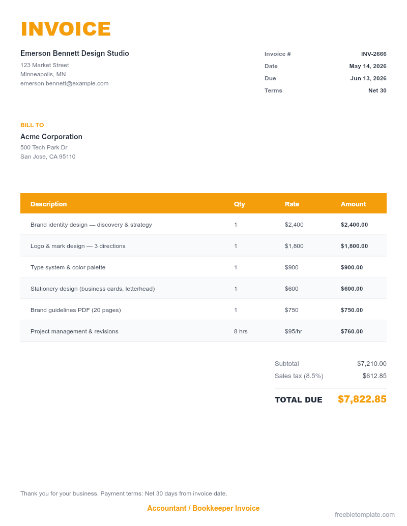Accountant / Bookkeeper Invoice preview