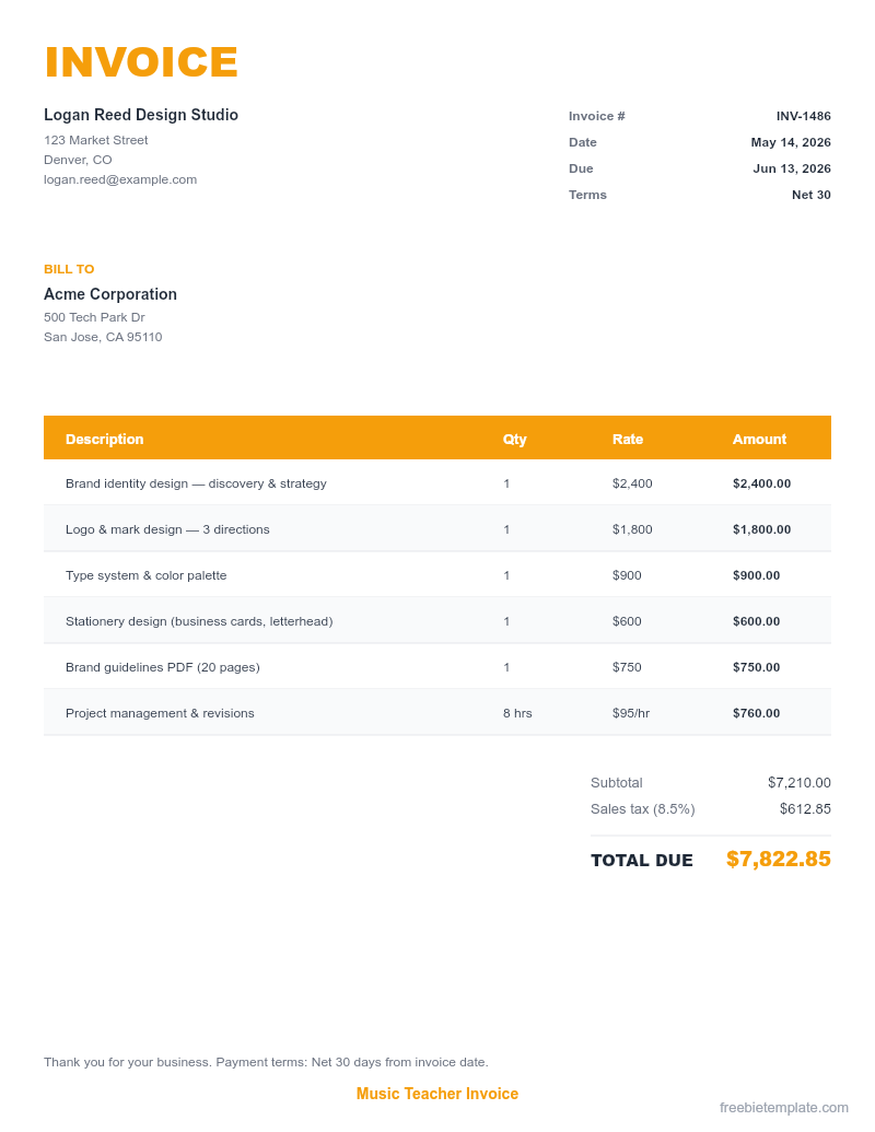 Music Teacher Invoice preview