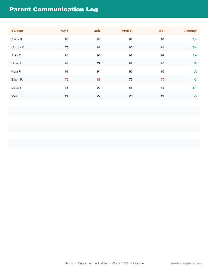 Parent Communication Log preview