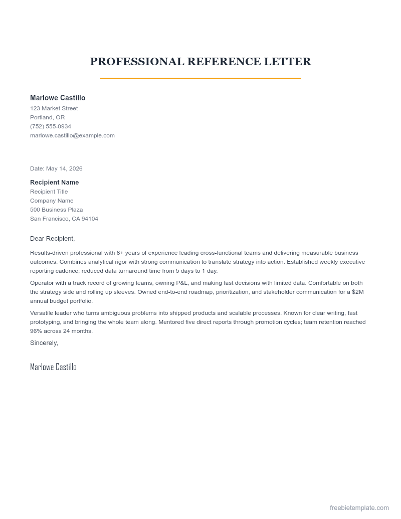 Professional Reference Letter preview