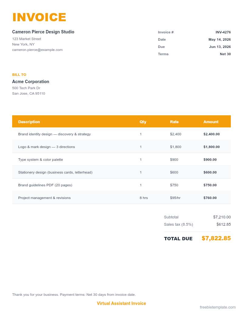 Virtual Assistant Invoice preview